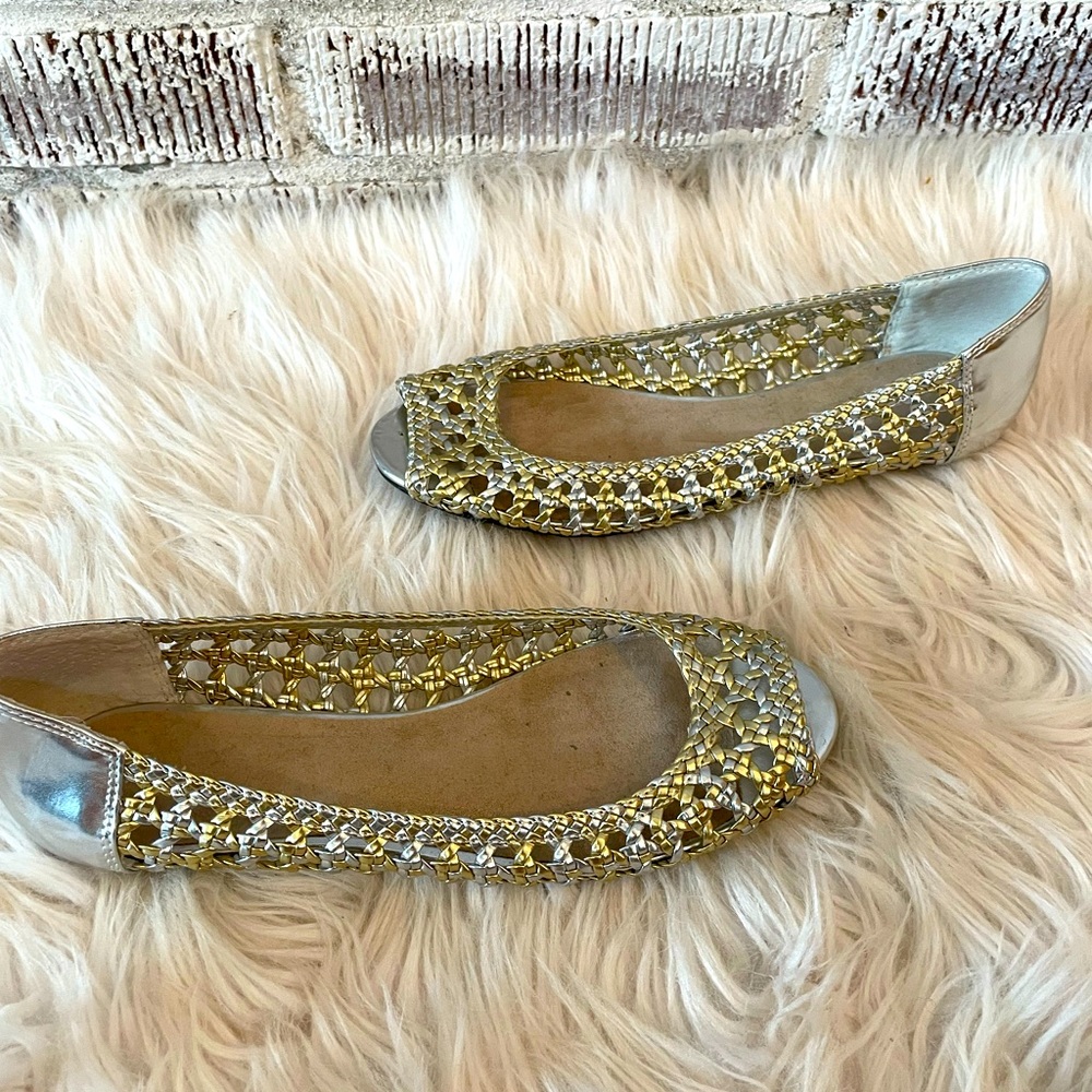 GAP Metallic Woven Flats Peep-Toe Gold & Silver 6